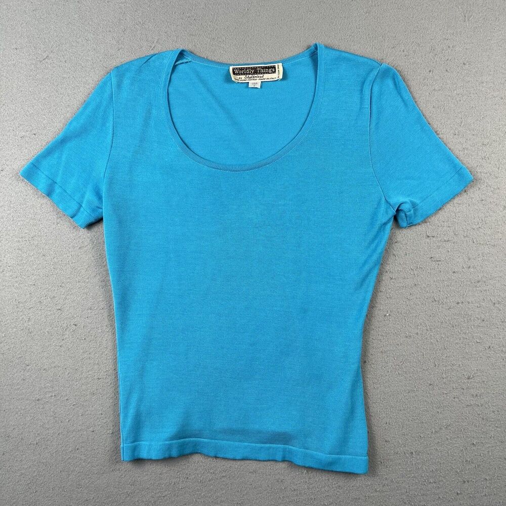 Worldly Things‎ By Styltricot Knit Blouse Shirt Womens 6 Light Blue Short Sleeve